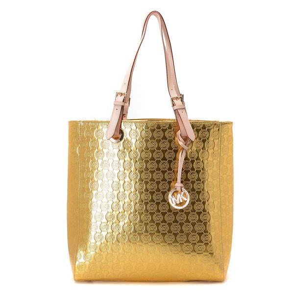 michael kors monogram mirror metallic north south tote gold Godt Salg 0jg7c